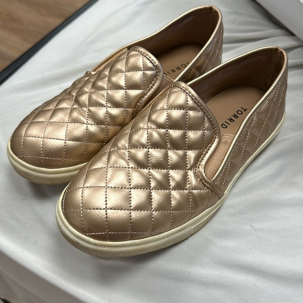 Rose gold quilted slip on shoes